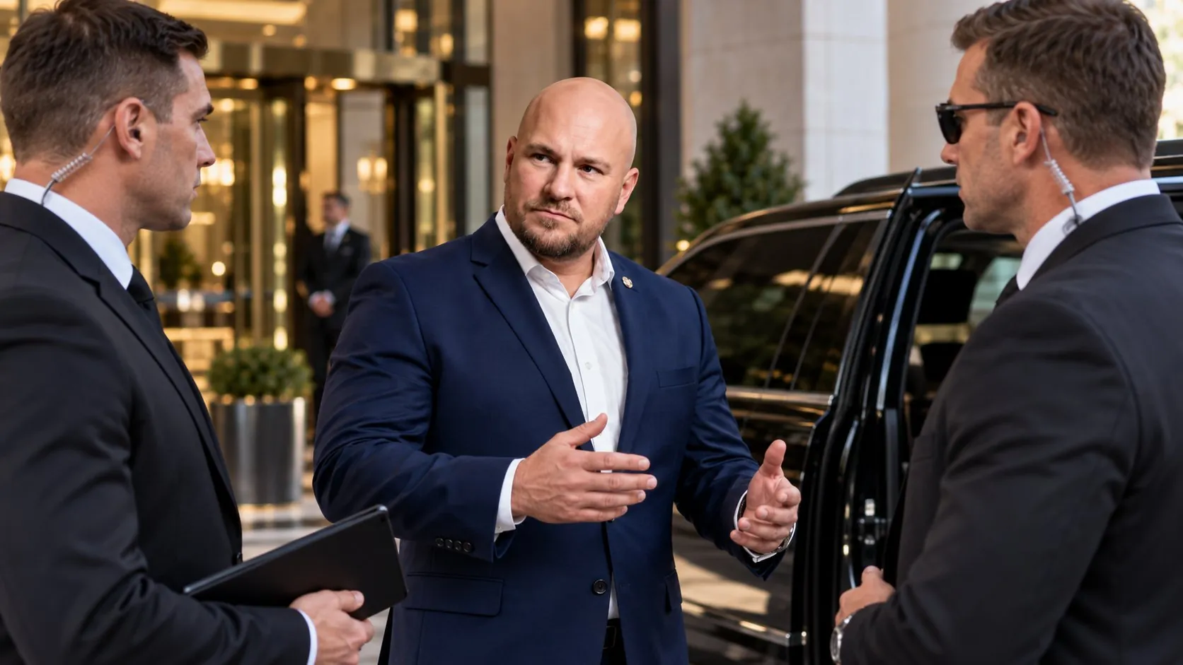 Vedoucí ochrany a doprovod u připraveného vozidla před vstupem do hotelu