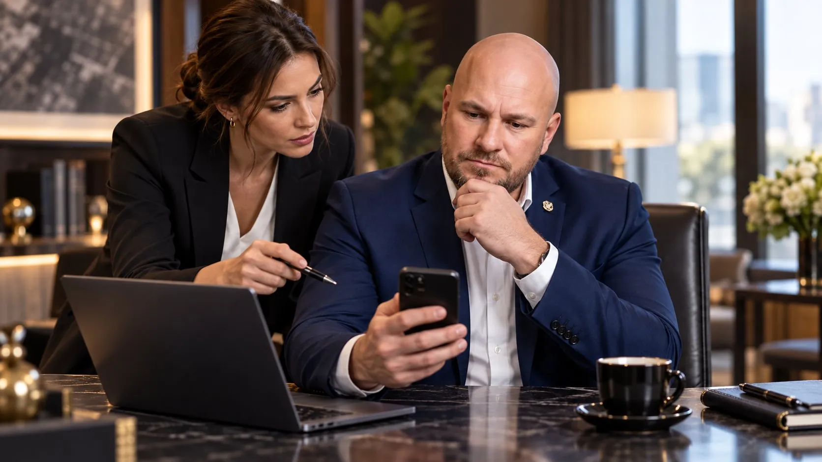 Asistentka a vedoucí ochrany ověřují zprávu na telefonu a notebooku