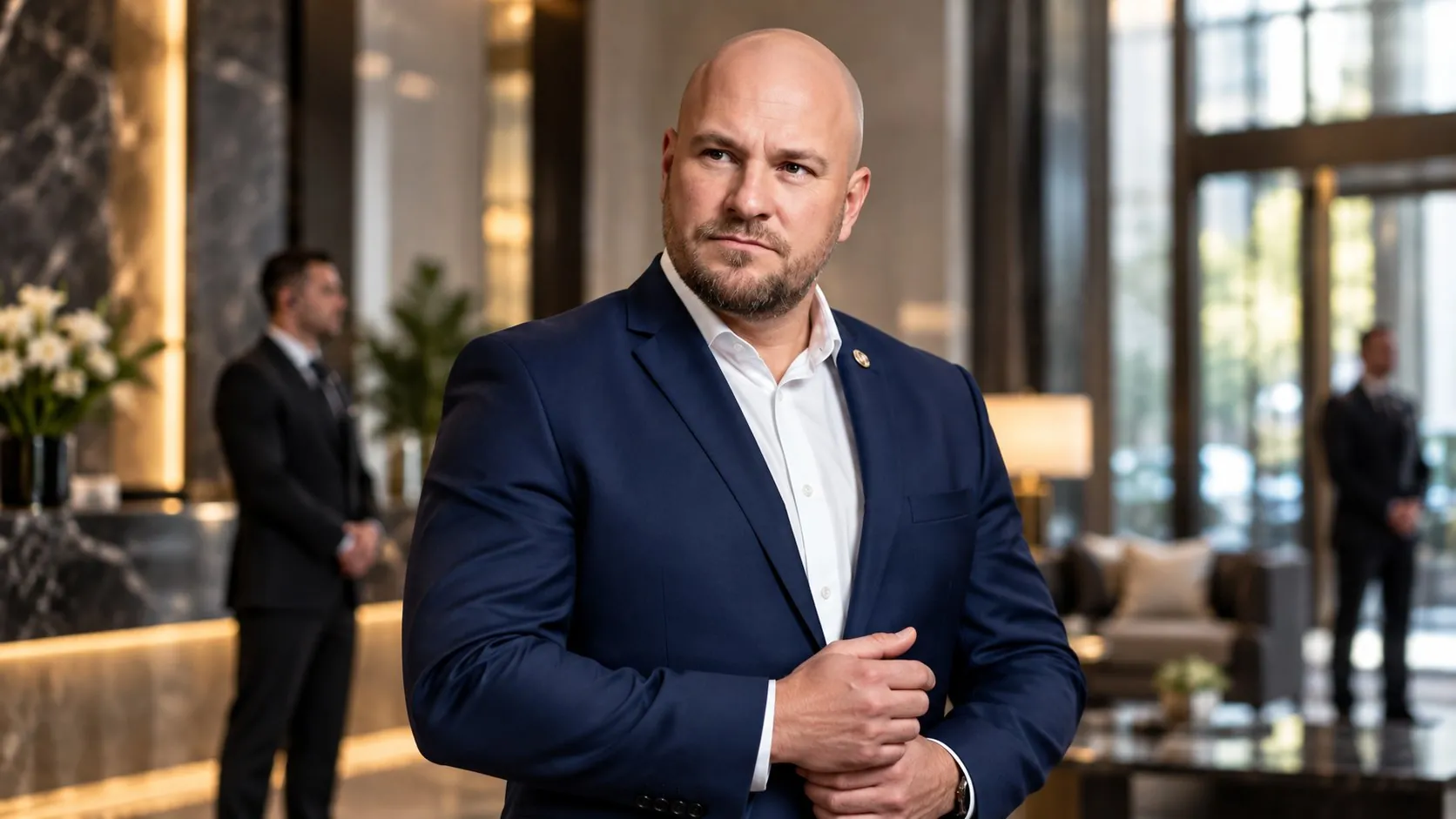 Zkušený ochránce ve vstupní hale hotelu