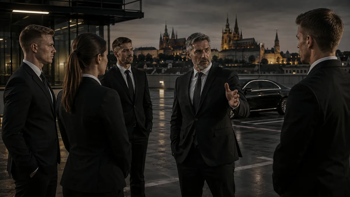 Tým ochránců Bodyguard Group při nočním briefingu nad Vltavou