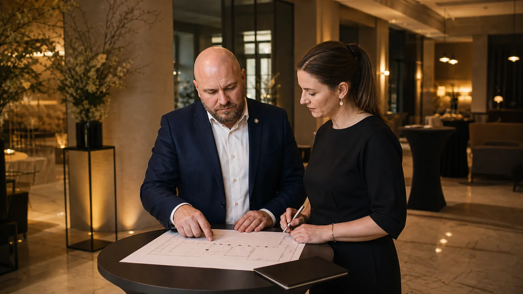Robert Václavík s eventovou manažerkou při přípravě harmonogramu soukromé akce.
