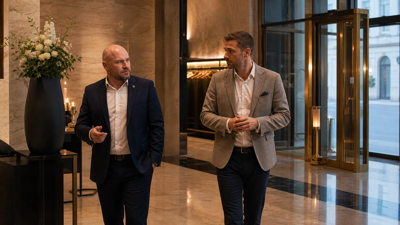 Robert Václavík s provozním manažerem při klidné kontrole trasy příjezdu hostů ve foyer.