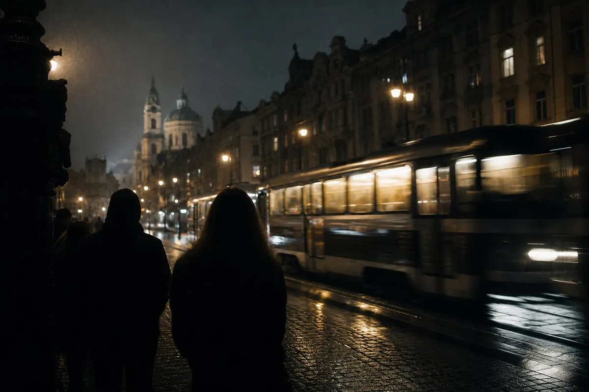 Noční tramvaj a chodci na mokré dlažbě v centru Prahy