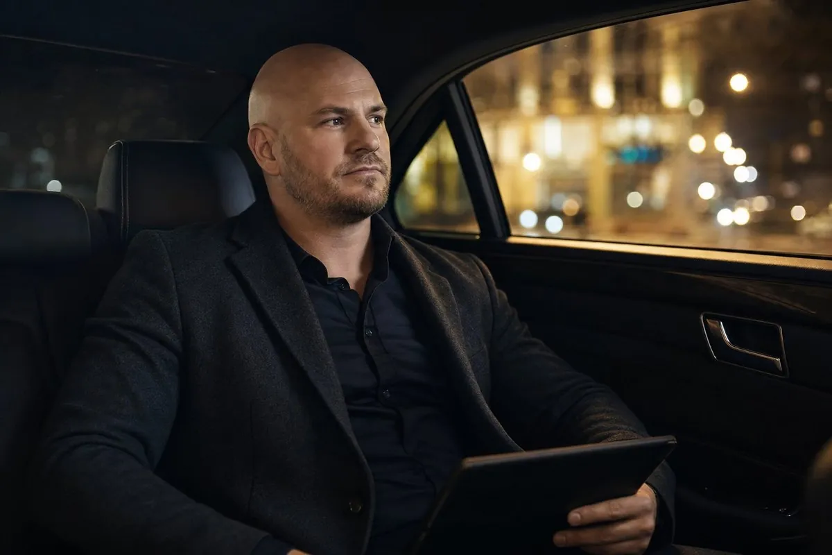 Robert Václavík pracuje s tabletem na zadním sedadle vozu v noci